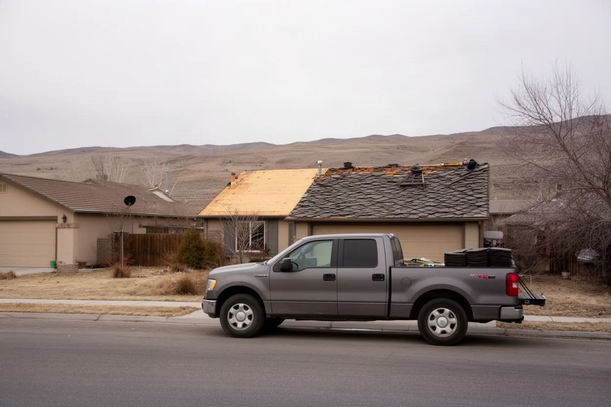 A work truck beside a roof mid-replacement