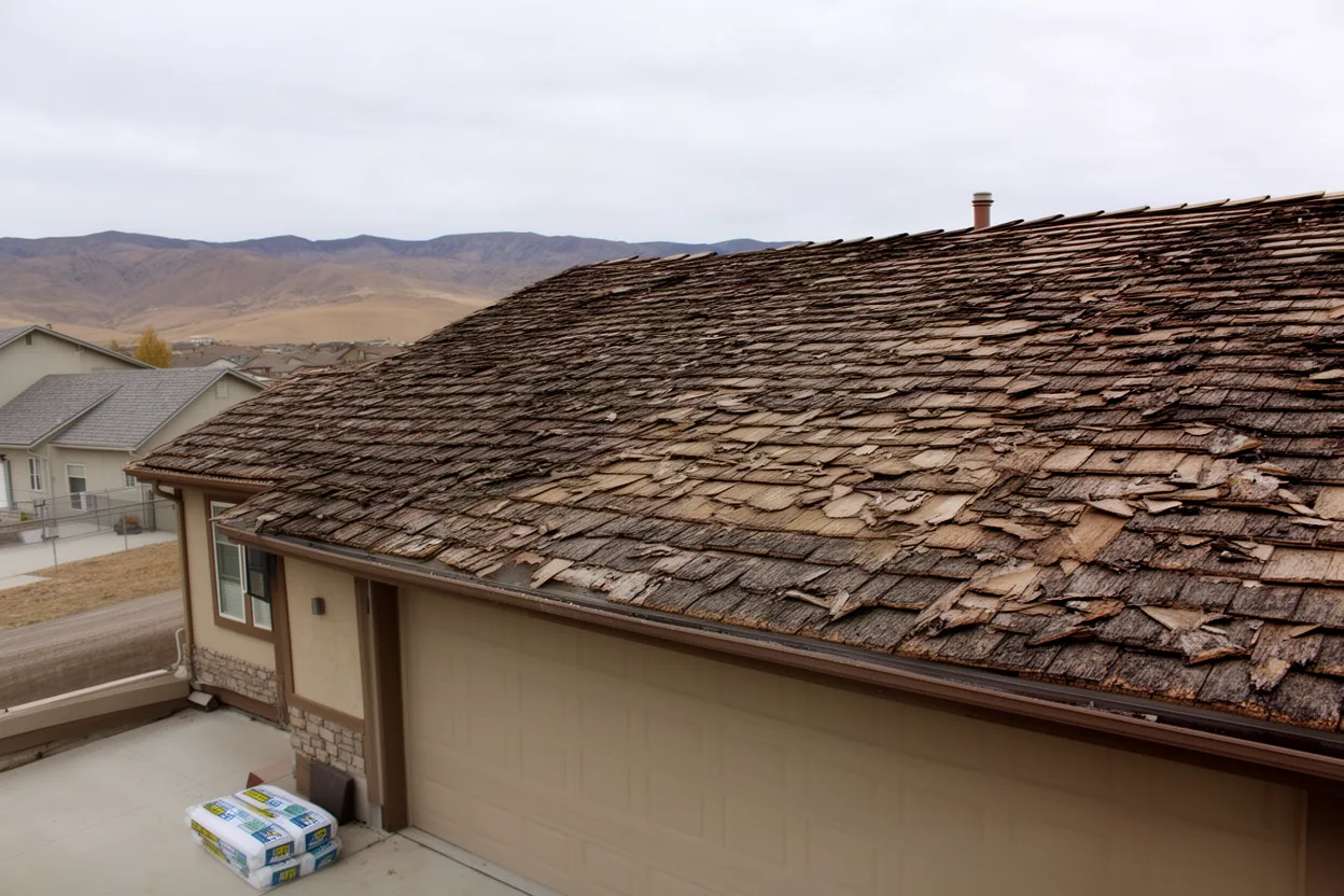 An aging subdivision roof with a shingle bundle below