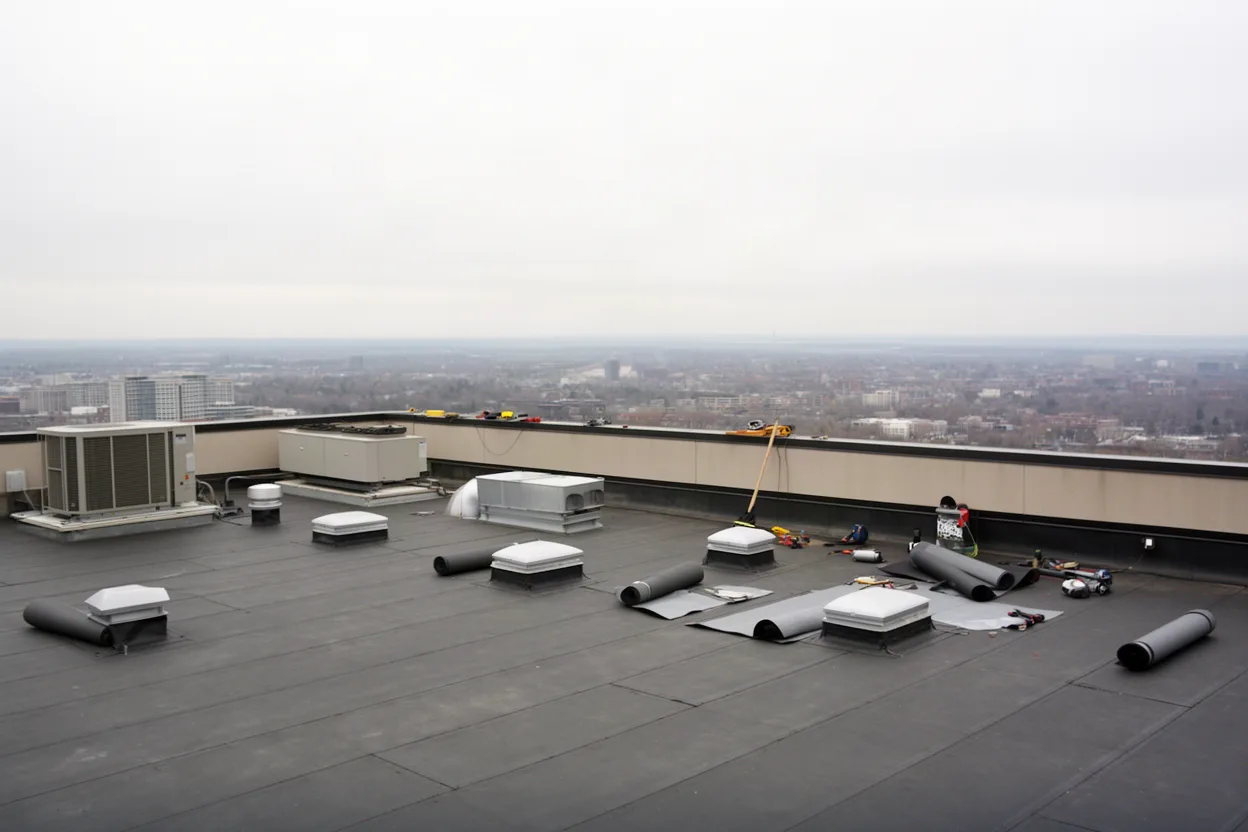 A commercial low-slope roof with materials staged