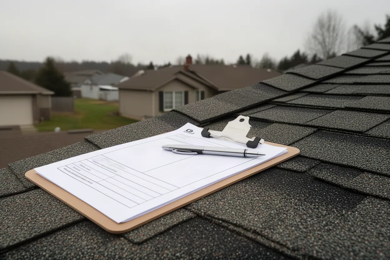 A clipboard and pen resting on a shingle surface