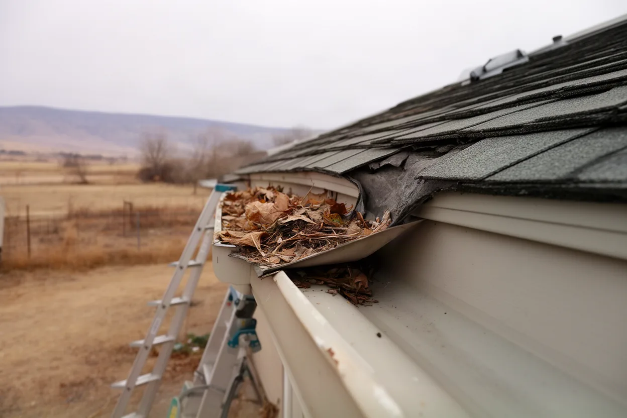 A sagging gutter filled with debris
