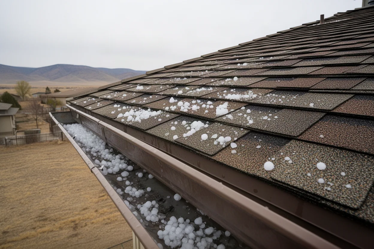 Hailstones on shingles beside a dented gutter