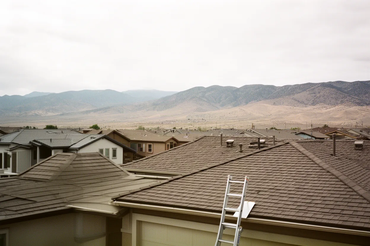Subdivision rooftops with foothills behind and a ladder at an eave
