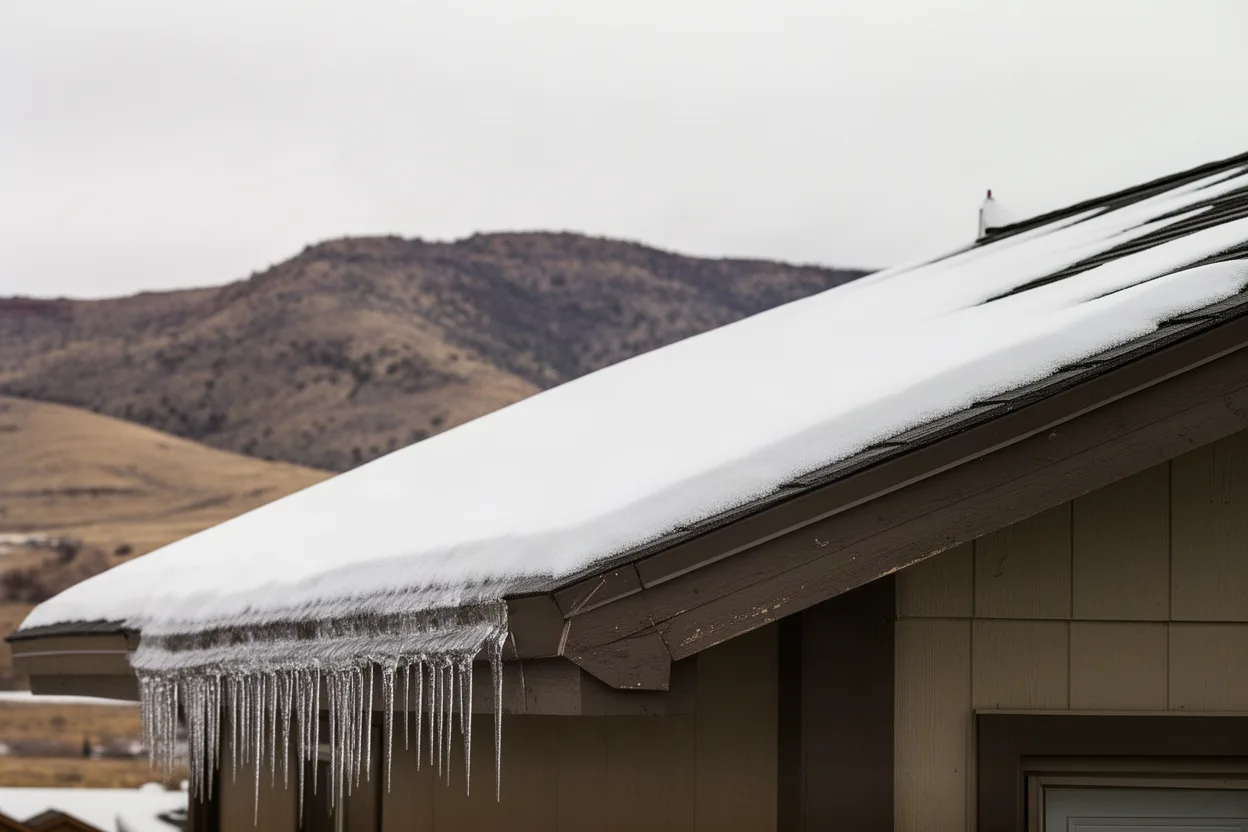Icicles along a snow-covered roof eave