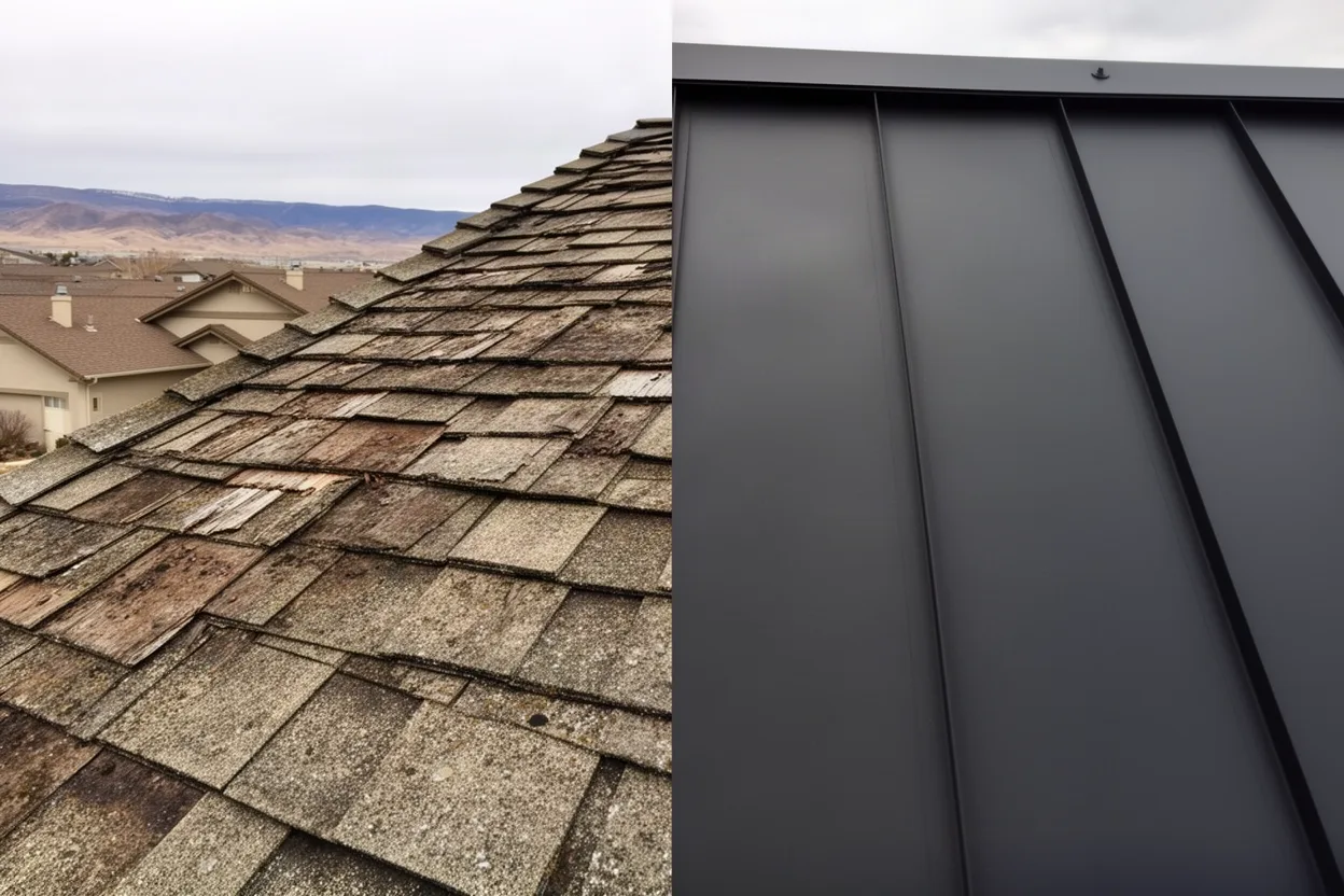 Weathered shingles beside a new metal panel edge