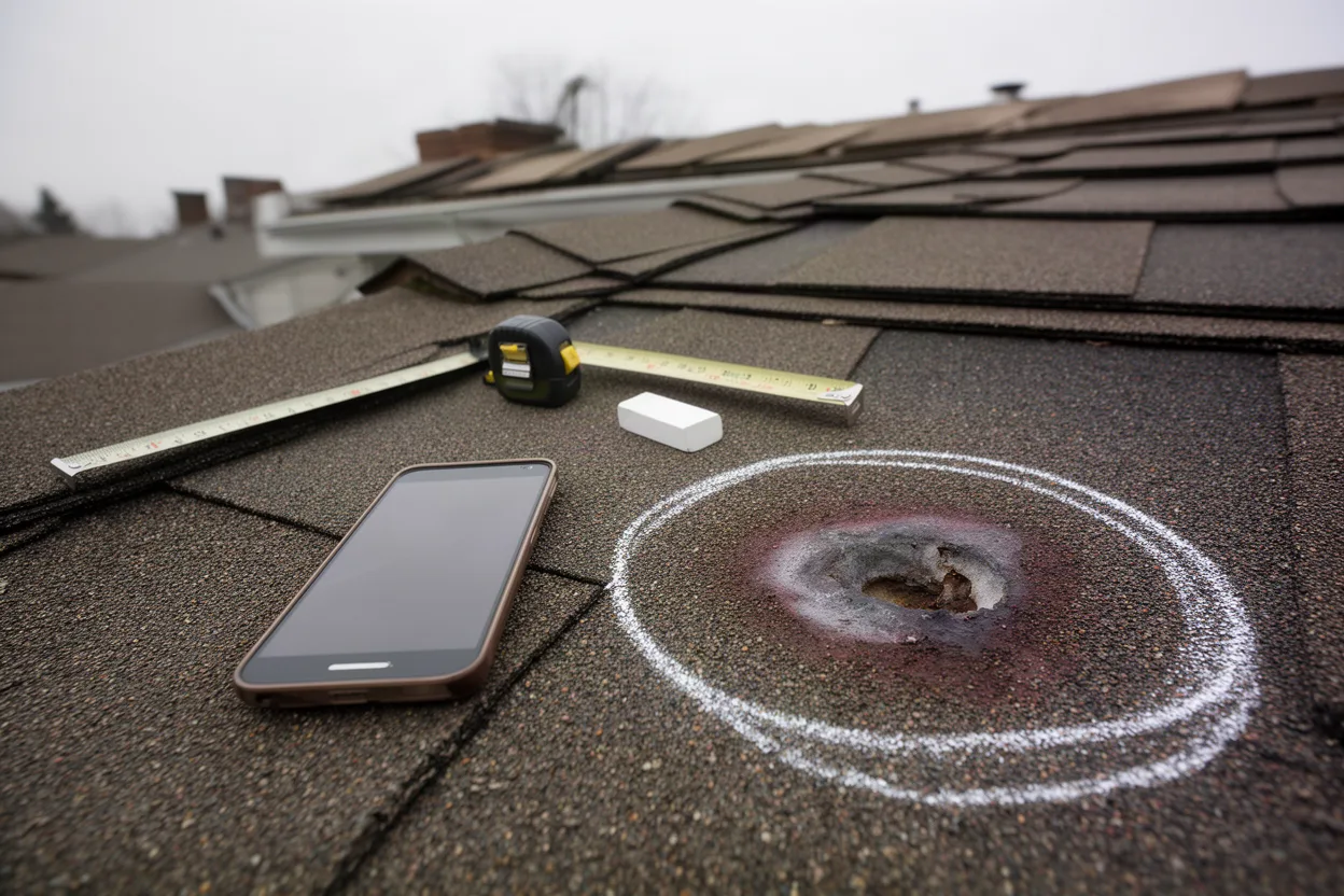 A phone and marking chalk beside a chalk-circled spot on a shingle roof
