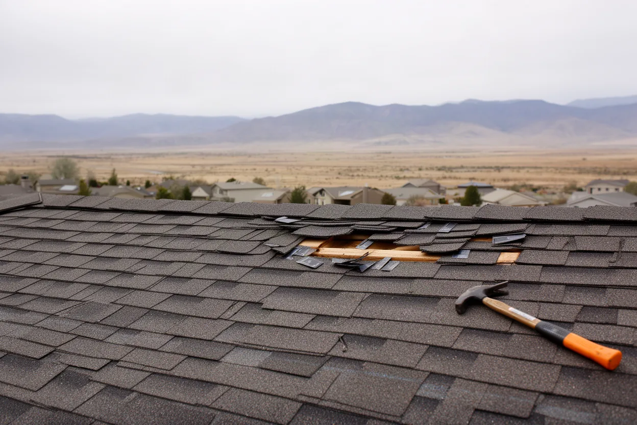 Lifted shingles with a hammer and pry bar on the roof