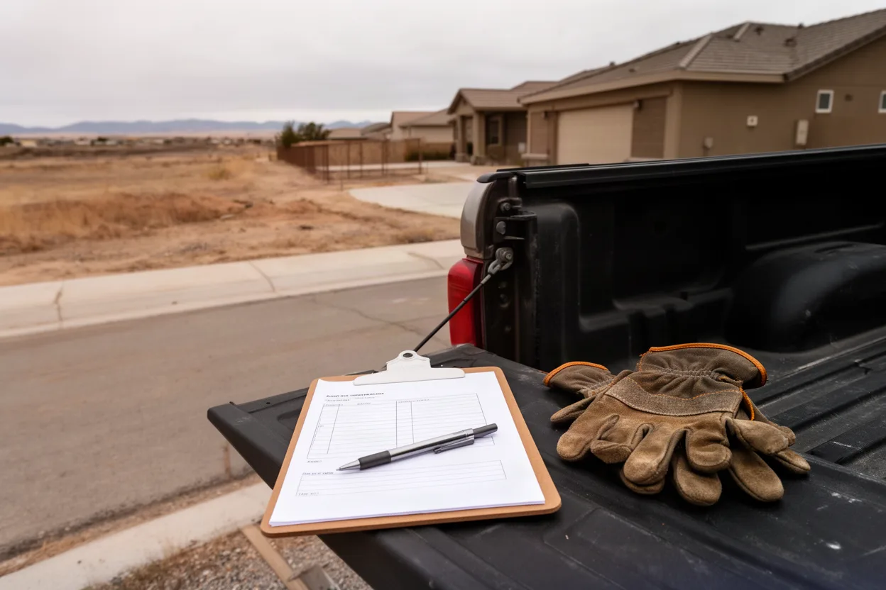 A clipboard and gloves on a work tailgate